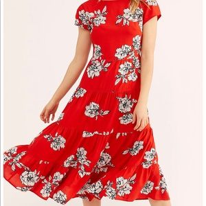 Free People Red Rita Tiered Midi Dress Small NEW
